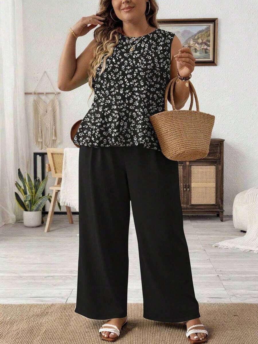 LUNE Conjunto de 2 Piezas para Mujer Talla Grande, Camisola de Verano de Color Sólido con Cuello Redondo y Volantes en el Bajo y Pantalón de Pierna Ancha Holgado