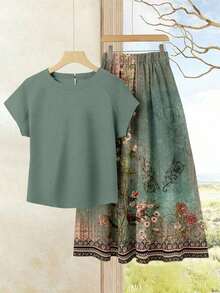 2 piezas Conjunto de top casual de unicolor + falda estampada para vacaciones de mujer, Conjunto de ropa de verano para mujer, Conjunto de falda de verano, Conjunto de falda y top, Conjunto de falda y top para mujer, Conjunto de falda estampada - Multicolor 4 - Ver 7