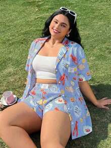 Conjunto de 2 piezas de talla grande con camisa de manga corta color fucsia y shorts - Multicolor 3 - Ver 9