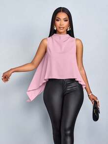 Blusa sin mangas de unicolor elegante con dobladillo asimétrico para mujer, ideal para vacaciones de primavera y verano - Rosa vieja - Ver 7
