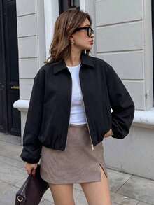 Chaqueta con bolsillo con cremallera de lunares rosas para mujer - Abrigo casual suelto con solapa para primavera/otoño - Negro - Ver 2