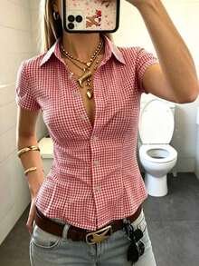 Camisa de mujer de manga corta a cuadros, de solapa única, casual y versátil para uso diario - Rojo - Ver 3