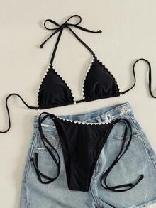 Bikini de 2 piezas de unicolor con escote halter y lazos, sexy y elegante para playa, vacaciones, viajes y fiestas. Nuevo para primavera/verano - brotes de color beige oscuro - Ver 5