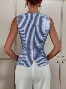 Top de tirantes con botones frontales a rayas, de estilo casual y para ir al trabajo, para mujer, para el verano - Azul y blanco - Ver 3