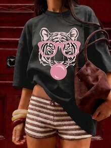 Green Short-Sleeved T-Shirt With A Round Neck, Loose And Versatile Style, With A Tiger Mouth And Bubble Print, Minimalist Summer Fashion For Women, Suitable For Everyday Wear And Holidays - 深灰色 - 查看 7