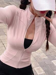 Chaqueta de manga larga de cuello alto elástico de unicolor entallada, ropa deportiva y casual, primavera/otoño - Rosa 3 - Ver 2
