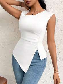Camiseta de corte ajustado con mangas de obispo de unicolor elegante y simple para uso diario, vacaciones, fiestas y exteriores para mujeres - Blanco - Ver 3