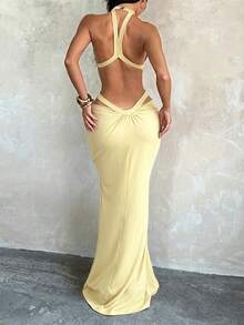 WOWDARK Summer Dress Khaki Fashionable Women's Clothing Sparkling Ribbon Sexy Hollow Casual Vacation Ladies Elegant Dress Yellow - Yellow - View 4