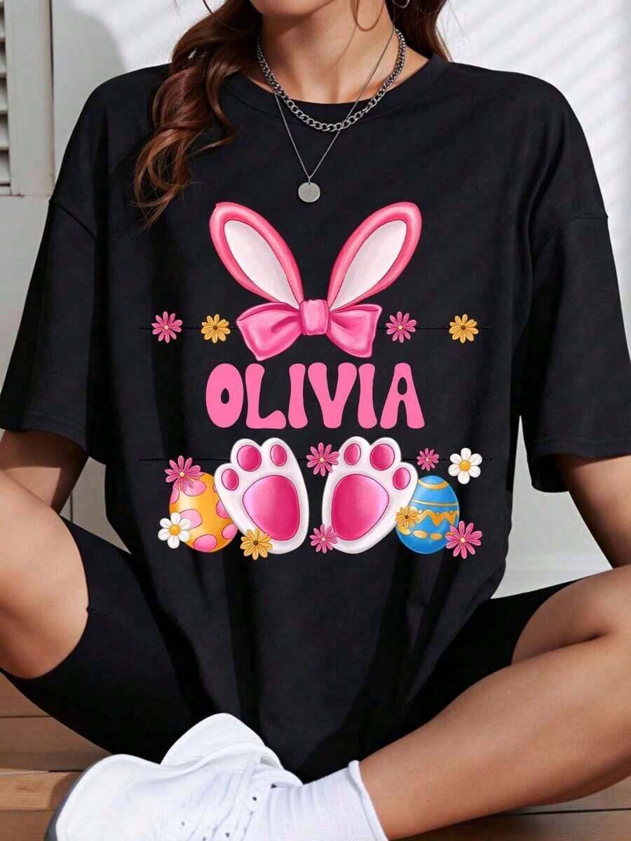 1 Piece Personalized Easter Bunny Name T-Shirt, Black And Pink, With Bunny Ears, Bow, Paw Prints, Eggs, Flowers, Olivia Print, Women's Spring Casual Wear, 180g 100% Cotton - 黑色 - 查看 1