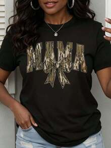 1 Piece Women's Round Neck T-Shirt With Camouflage Print And "Mama" Bow, Soft, Comfortable And Breathable Fabric, Versatile For All Seasons, Practical And Convenient, Fashionable Women's Clothing, Elegant And Soft Texture, Suitable For Casual And Sports Wear, Essential Garment For Holidays, 180g 100% Cotton. - 白色 - 查看 7