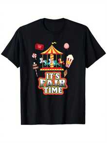 Men's T-Shirt With Ferris Wheel And Sweet Dessert Design - Round Neck, Short Sleeve, Casual Style, Carnival Design, Suitable For Outdoor Fun In Summer, Hiking And Casual Wear, Hiking Clothes, Fun Design, Perfect For Daily Outfits And Gifts, Circus T-Shirt, Great For Vacation And Playtime, Excellent For Parties And Family Holiday Outfits, Summer Outfit, Warm Weather Clothing. - 黑色 - 查看 1