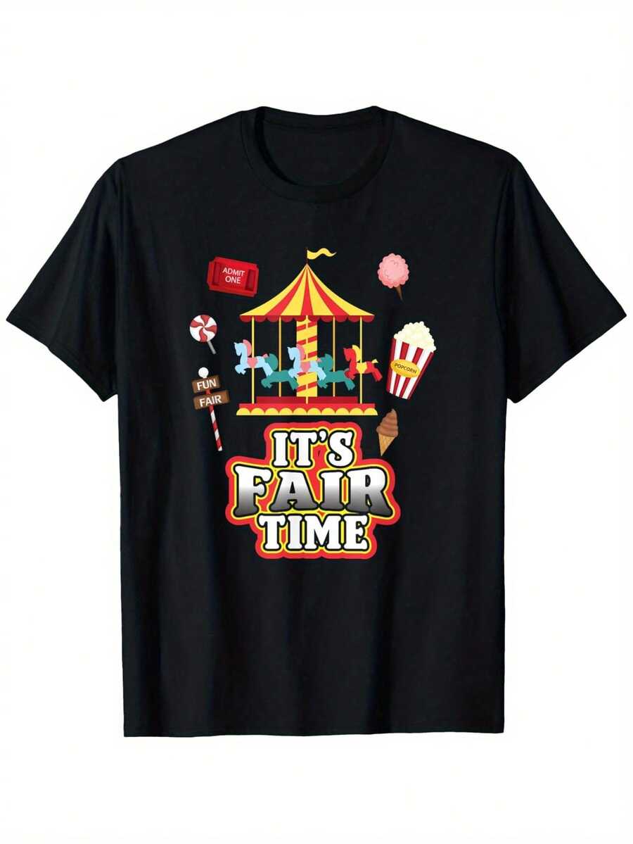 Men's T-Shirt With Ferris Wheel And Sweet Dessert Design - Round Neck, Short Sleeve, Casual Style, Carnival Design, Suitable For Outdoor Fun In Summer, Hiking And Casual Wear, Hiking Clothes, Fun Design, Perfect For Daily Outfits And Gifts, Circus T-Shirt, Great For Vacation And Playtime, Excellent For Parties And Family Holiday Outfits, Summer Outfit, Warm Weather Clothing. - 黑色 - 查看 1