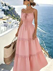 YHHElenzga Vestido elegante francés con diseño de rayas texturizadas, cuello en V, cintura con cordón y encaje, elegante y chic, adecuado para la playa, vacaciones y uso diario casualYHH - Rosa - Ver 6