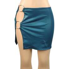Minifalda de imitación de cuero PU con anillo metálico y abertura lateral para mujer, de cintura alta, ajustada, estilo vintage, para fiesta o club - Marrón - Ver 5