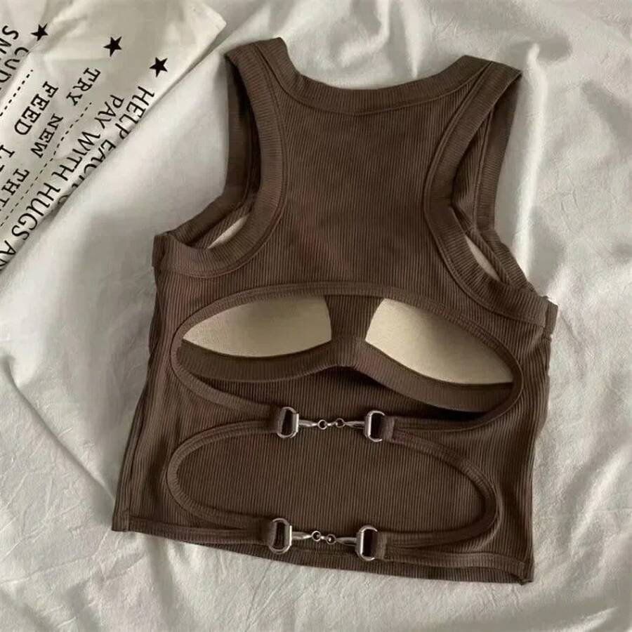 Nuevas camisetas deportivas sin mangas para mujer con almohadillas de sujetador, tops cortos casuales sin espalda, camisola de punto para correr, tops de ropa urbana para mujer - café - Ver 1