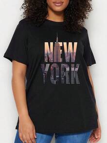 VintageCamiseta  Talla Grande  De Manga Corta Con Cuello Redondo Y Estampado De  Edificio Y Letra Inglesa Estampado De   MujerGraphic Tee - Negro - Ver 4