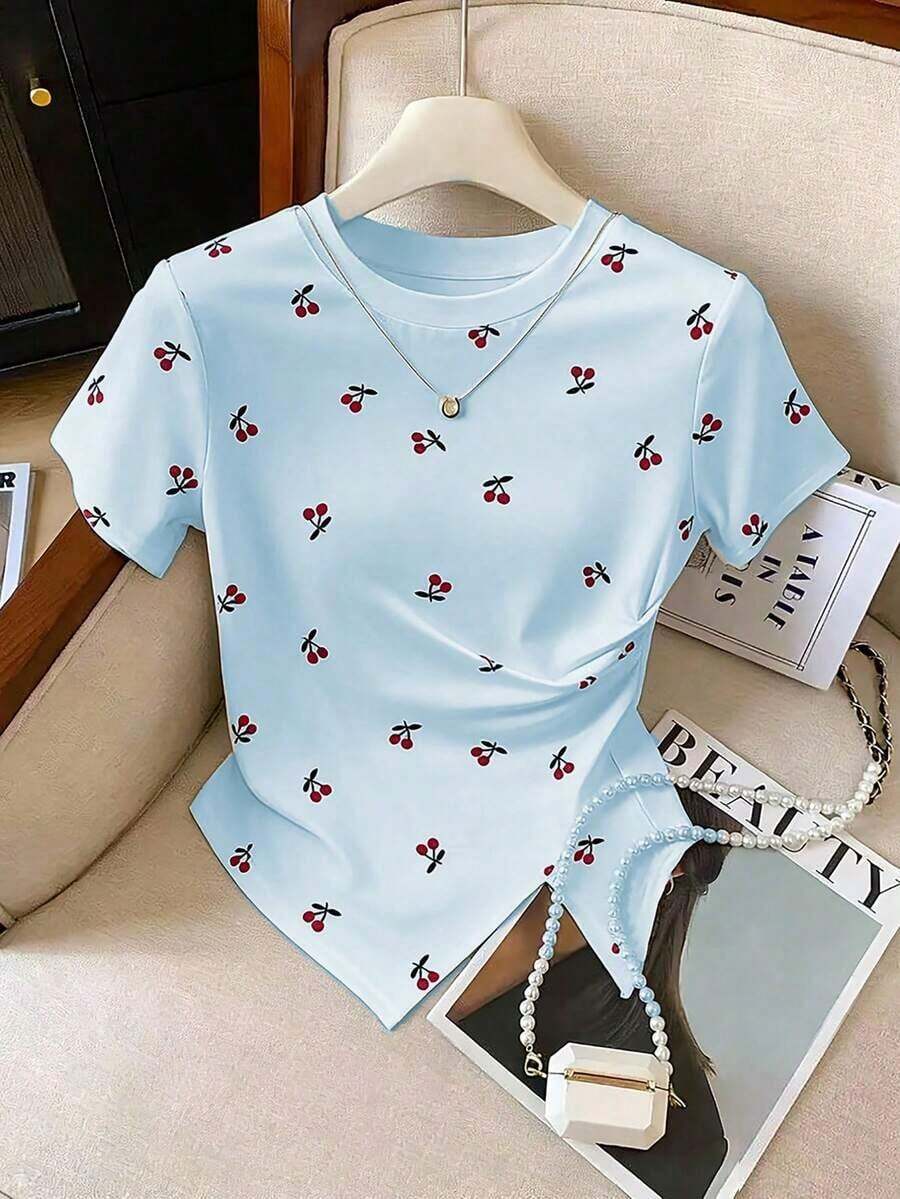 de manga corta con pliegues y bajo asimétrico de unicolor casual para mujer, verano - Celeste - Ver 1