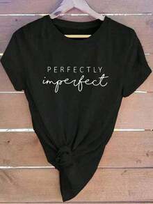 100% cotton Camiseta Casual Minimalista con Estampado de Letras, Manga Corta, Camisetas Gráficas PERFECTLY Imperfect para Mujer - Unisex, Corte Holgado, Cómoda, Estilo Vintage Urbano, Camiseta de Algodón - Negro - Ver 6