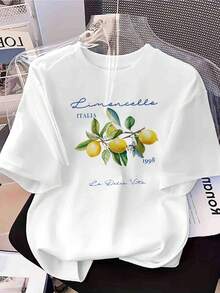 Camiseta inspiradora para mujer con estampado de ramas de limón italiano - Cuello redondo - Diseño ligero de fantasía casual para primavera/verano y cita distintiva - Lavable a máquina, ropa casual cómoda y ropa de invierno para mujer - Blanco - Ver 7