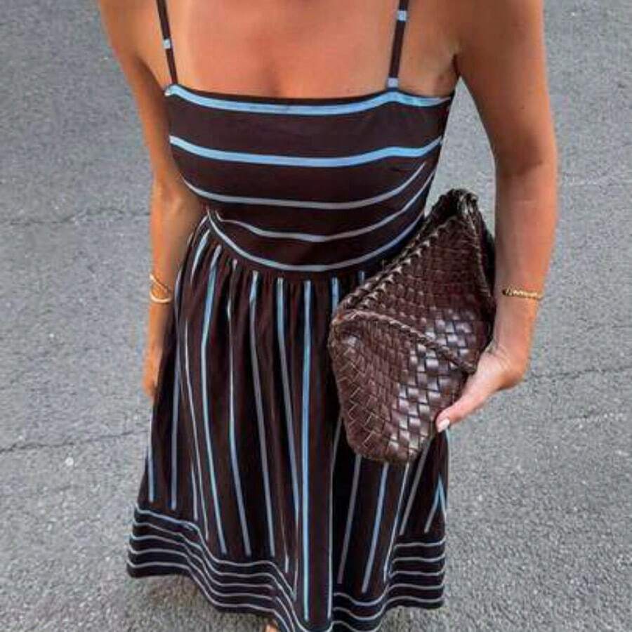 Women's Striped Ruffle Hem Casual Spaghetti Strap Dress,Summer Dresses For Women - Óxido marrón - Ver 1