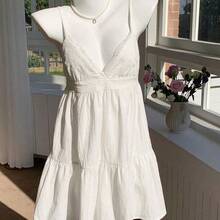 Women's Summer Vacation Casual Cotton And Linen White Hollow Embroidery Patchwork Spaghetti Straps Mini Dress,Summer Dresses For Women,White Dresses For Women - Azul - Ver 6