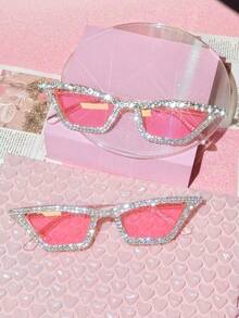 Eyeglasses#17078 1件裝水鑽裝飾密集反光閃亮鑽石效果女款可愛派對裝飾眼鏡，適合婚禮、音樂節、街拍、遊行裝飾，水晶裝飾粉色塑膠框，Y2K奢華度假派對穿搭，可愛時尚貓眼眼鏡，適合海邊穿搭、日系主題派對（附清潔布），自拍旅行酷炫COS，黑色、紅色、藍色、銀色、綠色、粉色 - 彩色 - 查看 39