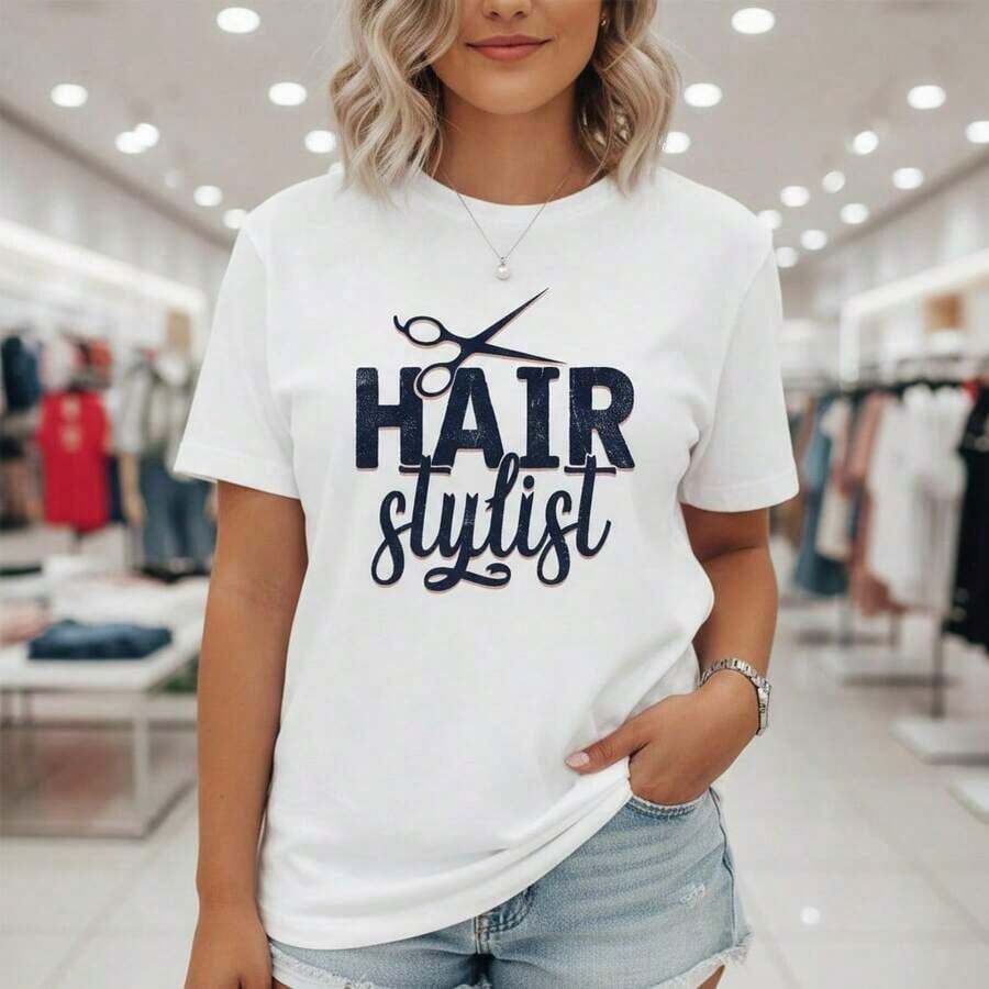 Camiseta gráfica de algodón para estilistas de cabello para mujer - Camiseta de manga corta con cuello redondo y estampado de tijeras, corte holgado informal para peluqueros, estampado de letras doradas, cómoda para uso diario, regalo perfecto para estilistas. Adecuada para primavera, verano y otoño. - Blanco - Ver 1