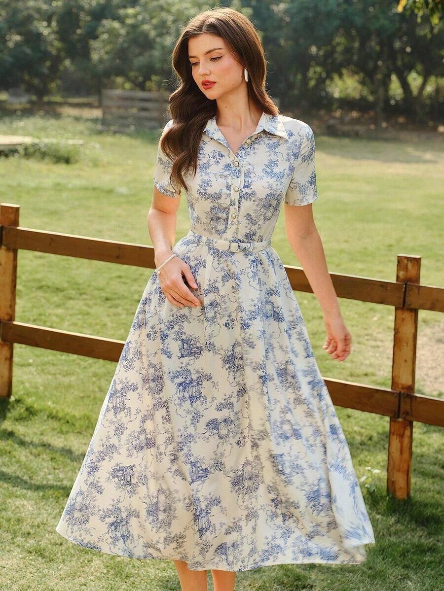 Vestido de mujer elegante y vintage con bolsillos y cinturón, vestido camisero con estampado floral, cierre con botones, vestido casual para ir y venir, vacaciones, vestidos de verano para mujer, atuendos de vacaciones de verano, atuendos de primavera para mujer, vestidos de primavera para mujer, ropa de primavera para mujer, atuendos de vacaciones de primavera, vestidos elegantes para fiestas, vestidos elegantes para fiestas para mujer, vestido de invitada de boda para mujer, vestido de fiesta de boda, vestido de graduación, vestidos elegantes para ceremonias, vestidos elegantes para mujer, vestido formal - Azul y blanco - Ver 1
