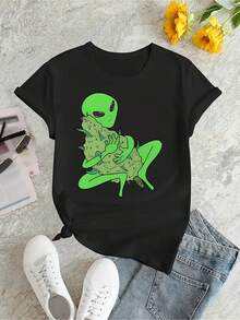 Women's  100% Cotton T-Shirt With A Fun Alien Print, Featuring A Round Neck And Short Sleeves. Simple, Casual, Sporty, And Comfortable For Summer, Ideal For Everyday Casual Wear. - 黑色 - 查看 2