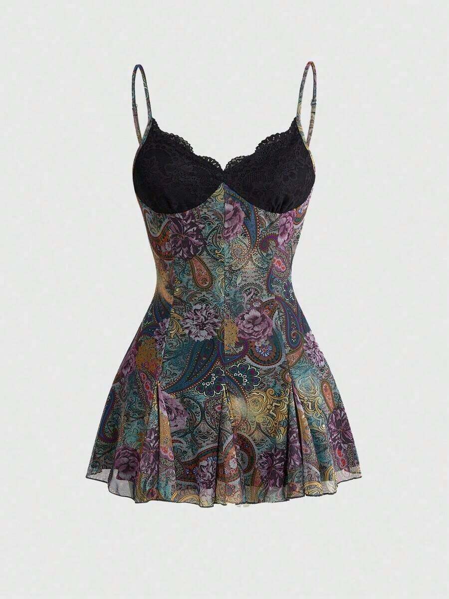 ROMWE Fairycore Vestido mini con tirantes finos, de corte holgado, con estampado floral bohemio, romántico y gótico para mujeres - Multicolor 2 - Ver 1