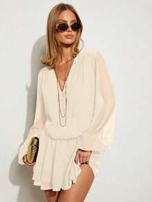 Vestido corto de mujer elegante de unicolor con cuello en V y manga larga - Albaricoque - Ver 4