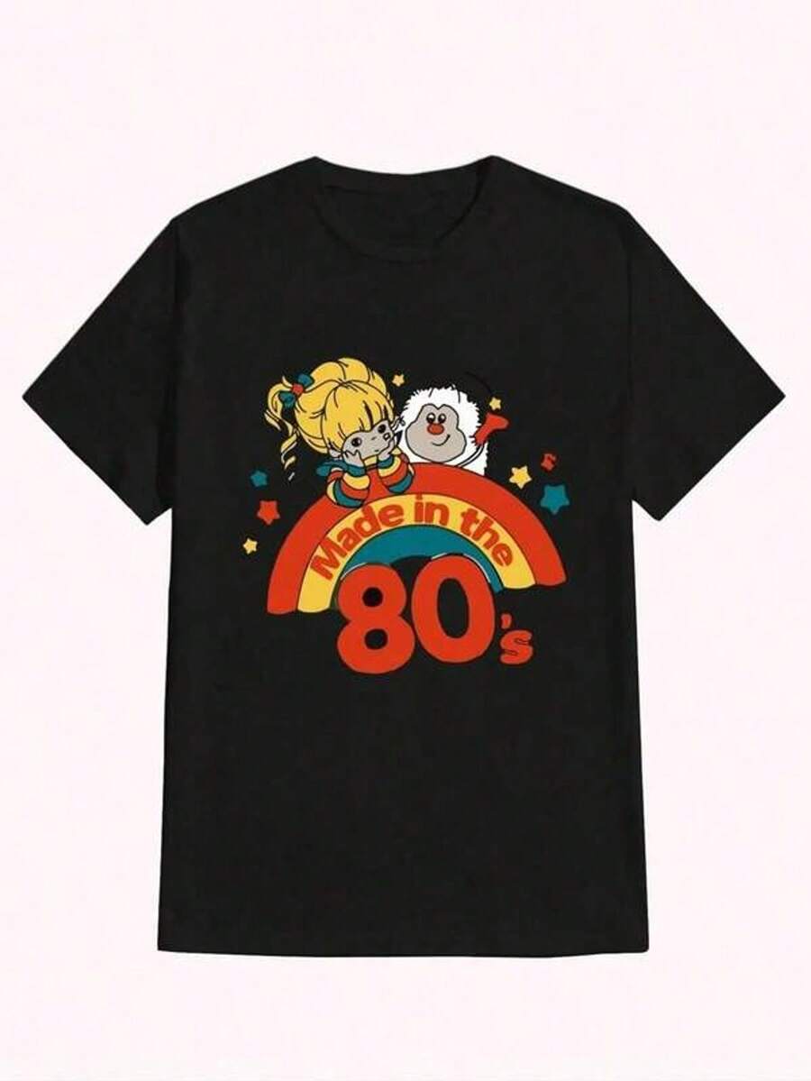 Rainbow Brite 'hecho en los 80', estampado casual, cómodo y versátil, camiseta estampada de 220g con diseño de letras.