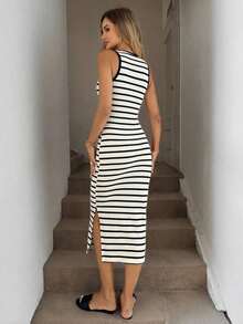 Vestido midi ajustado sin mangas con cuello redondo y bloques de color para mujer , vestido de verano, vestido de rayas verticales, vestido midi ajustado, vestido largo ajustado, vestido de verano con abertura, vestido de verano, vestido de primavera, vestidos elegantes para mujer, vestido de vacaciones para mujer, vestido midi blanco, vestido elegante de verano para mujer, vestido midi casual. - Blanco y Negro - Ver 2