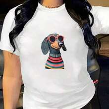 Women's T-Shirt With A Dachshund Print Featuring Glasses And A Retro-Style Scarf, Perfect For Everyday Wear In Spring And Autumn, And A Great Gift For Animal Lovers. - 白色的 - 查看 1