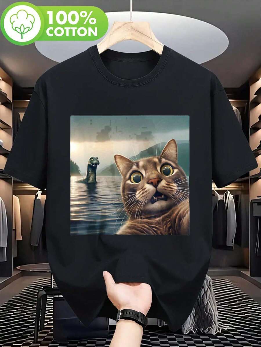 Nueva camiseta de manga corta para mujer de 180g,% algodón - Camiseta casual versátil con estampado de verano para hombre - Camiseta con estampado de verano para parejas - Unisex - Regalo para vacaciones - Negro - Ver 1