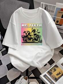 Gráfico colorido con banda ficticia tocando instrumentos que simboliza energía libre pasión por la música y creatividad sin límites estampado artístico vintage inspirador para quienes aman el ritmo y el arte camiseta de mujer  casual cómoda para uso diario - Blanco - Ver 2
