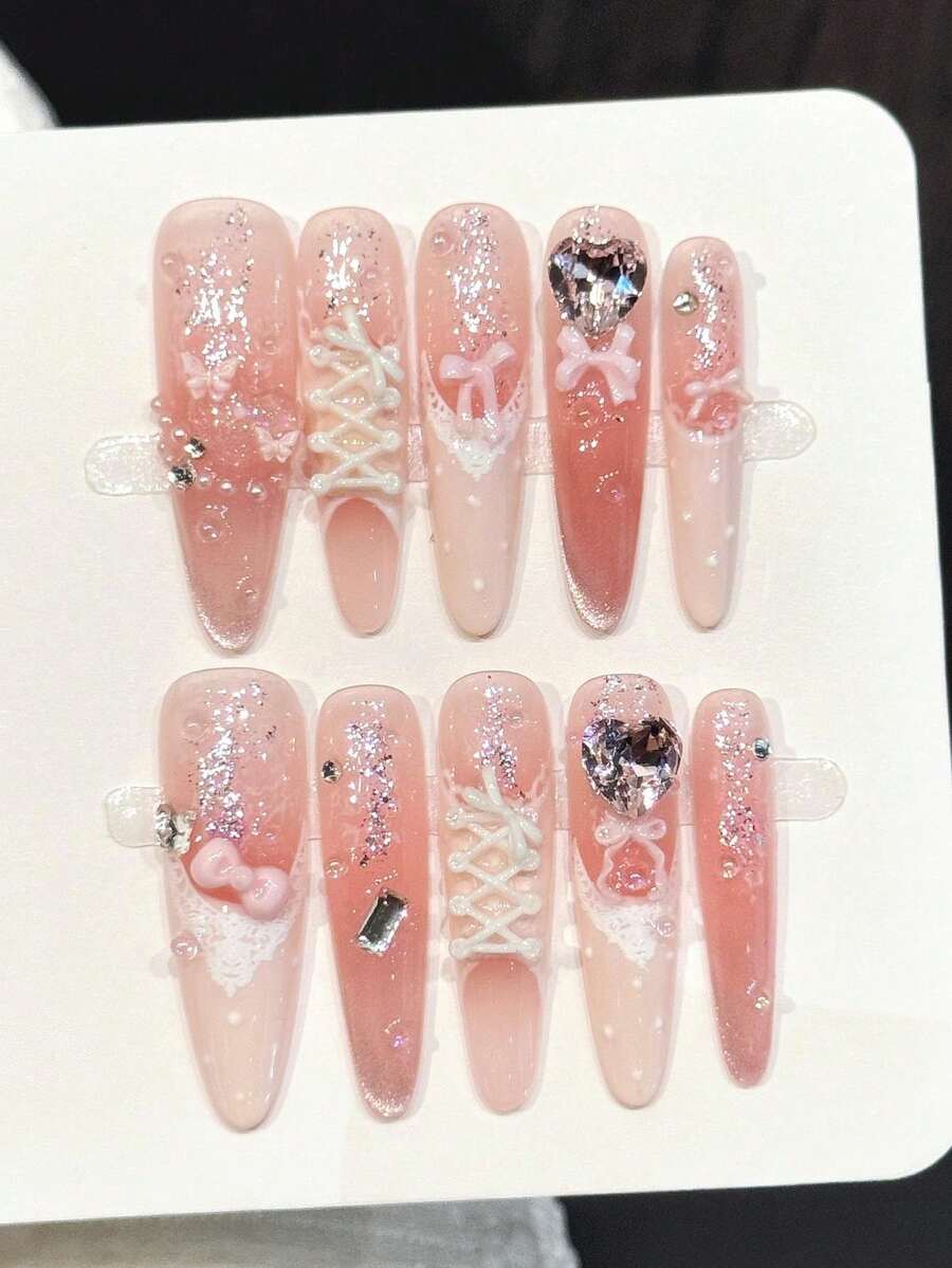 10片裝手工尖頭穿戴甲，甜美女孩風蕾絲蝴蝶結，粉黃對比色小豬 Y2K 設計，適合女孩與女性，適用節日派對與音樂節，情人節禮物