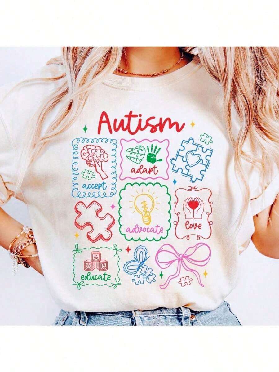 Cute Autism Awareness T-Shirt, Autism Acceptance T-Shirt, Ribbon T-Shirt For Autism Teachers, Special Education, Neurodiversity T-Shirt, Women's Graphic Tees 100% Cotton - 白色 - 查看 1