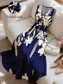 Vestido casual de mujer sin mangas con estampado de posicionamiento simple, vestido acampanado con cintura ceñida, adecuado para verano casual, vacaciones, primavera/verano, oficina, diario, fiesta, playa, graduación, uso versátil de oficina, ves - Multicolor - Ver 2