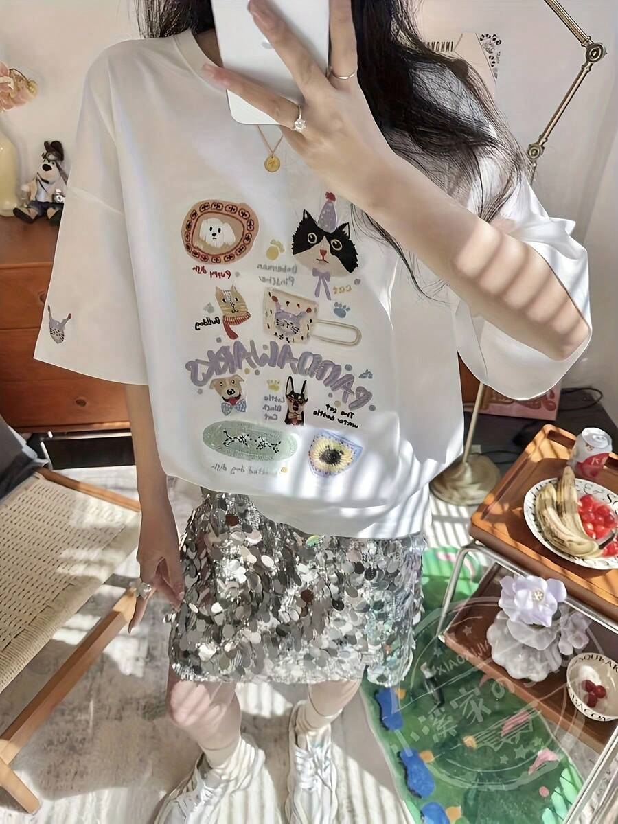 Camiseta de manga corta de algodón puro para mujer, estilo casual juvenil, versátil, holgada, talla grande, estilo vintage urbano, unisex, de algodón, con cuello redondo, para verano. blusas.blusas casuales para dama. - Blanco - Ver 1