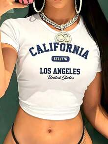 Women's Vintage Graphic T-Shirt With California Los Angeles Design - Casual Crew Neck, Short Sleeve, Cotton, Machine Washable, EST 1776 Print2025 - 白色 2 - 查看 1