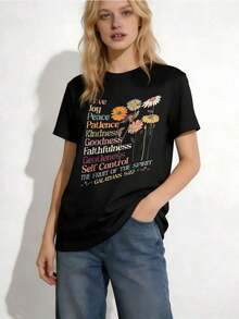 Women's Plus Size Casual T-Shirt, "The Fruit Of The Spirit" Print, Galatians, Christian Cross, Jesus 22 - All Season Casual T-Shirt - Gift Idea, Festive T-Shirt, Fun Design T-Shirt, Comfortable Fabric, Graphic Print T-Shirt, 100% Cotton, Durable - 黑色 - 查看 7