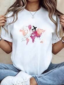 Camiseta de mujer con temática de viajes por el mundo - Camiseta casual de manga corta y cuello redondo con estampados de lugares emblemáticos, lavable a máquina, estilo camisa, adecuada para primavera y verano, ideal para uso diario y como atuendo para viajes de vacaciones. IUFI - Blanco - Ver 6