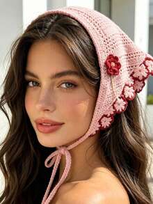 1 pieza Pañuelo triangular de ganchillo con flores, diadema floral linda & dulce para decoración de vacaciones en la playa, accesorios de cabello de verano para mujeres, pañuelos - Multicolor - Ver 4