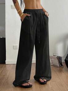 Women's 100% Cotton Washed White Trousers With A Curved Hem, Minimalist Basic Style, Perfect For Summer Country Concerts, Going Out, The Beach, And Bohemian Vacations. Women's Clothing For Autumn. - 黑色 - 查看 11