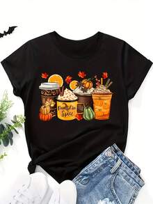 CamisetainformalyCamiseta versátil de manga corta y cuello redondo con estampado de calabaza y especias para mujer. Camisetas con diseños gráficos para niños pequeños adecuadas para el uso diario, camisetas para hombre, camisetas temáticas de primavera 2026, camisetas de Pascua para bebés niñas, ropa de verano. - Negro - Ver 6