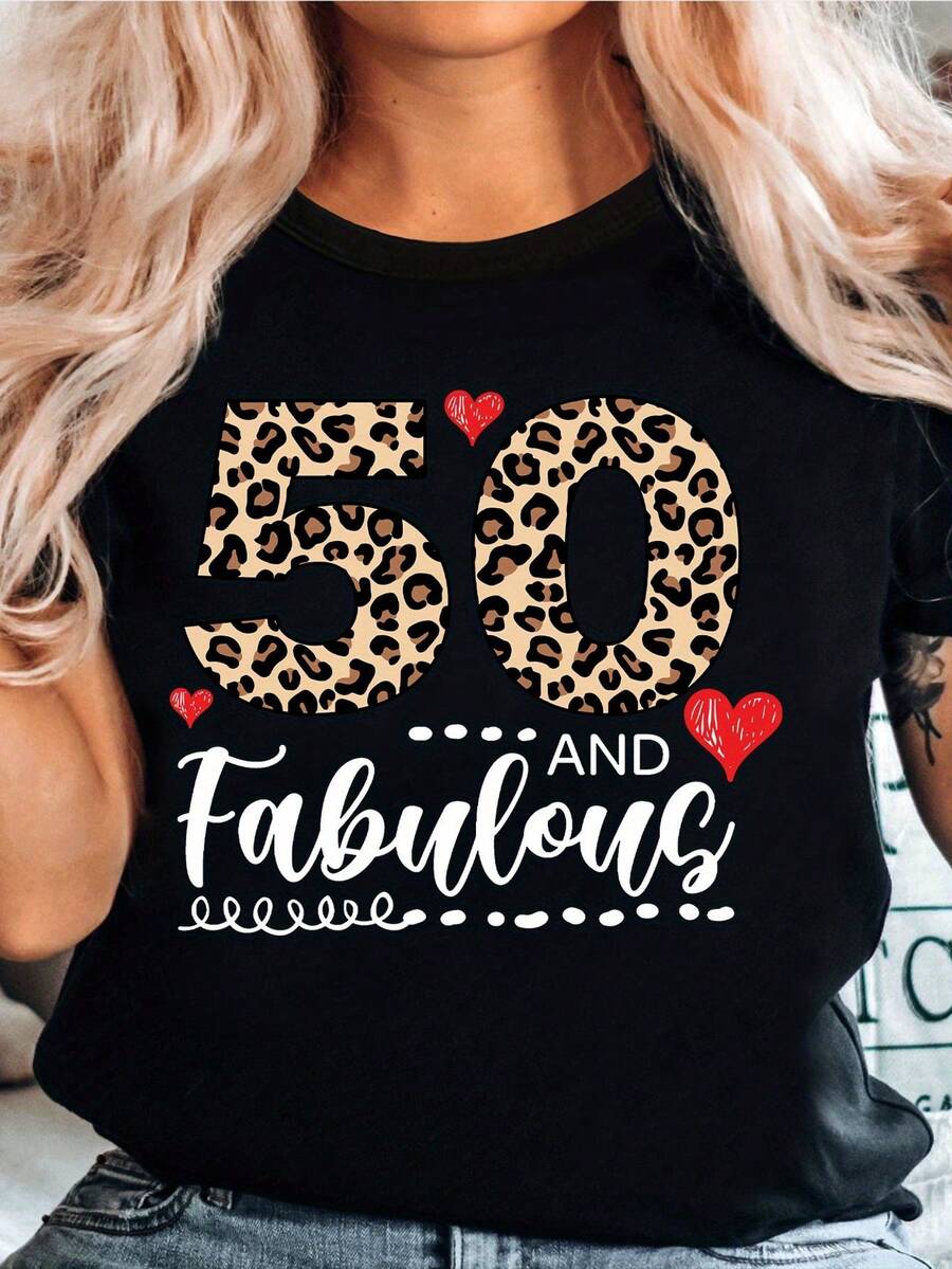 50th Birthday T-Shirt With Leopard Print And Graphic Lettering, Birthday Party Group T-Shirt, 50th Birthday Queen, 50th Birthday Party T-Shirt - Black - View 1