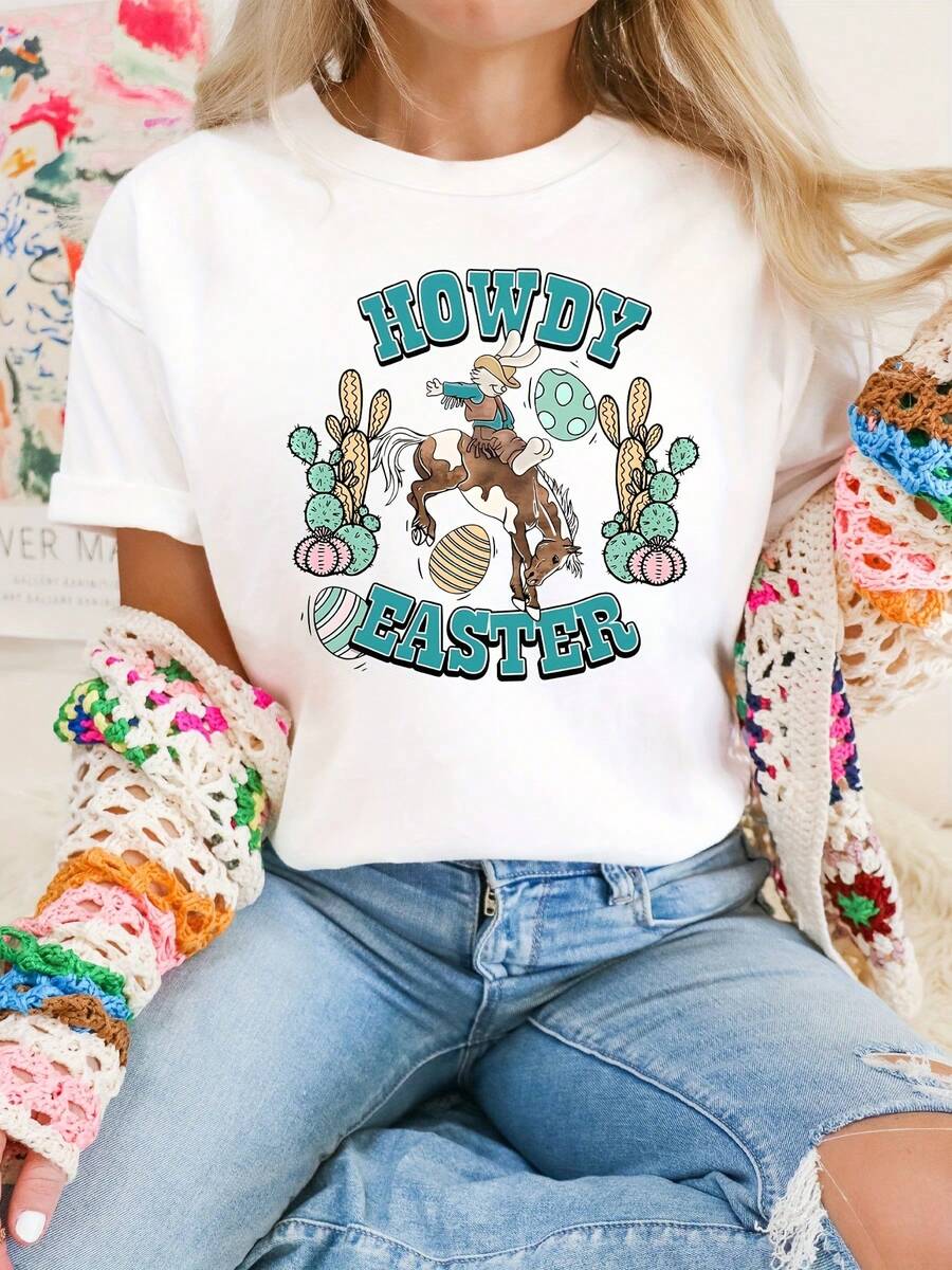 Camiseta casual versátil para mujer, hecha de algodón puro para una comodidad excepcional, diseño sencillo para una moda diaria sin esfuerzo. Camiseta de mujer estilo denim con temática de Pascua - estampado occidental de bienvenida a la Pascua con diseños de cactus y vaqueros, top casual de manga corta y cuello redondo, ropa de mujer lavable a máquina para primavera/verano, ropa festiva, camisa de corte holgado. - Blanco - Ver 1