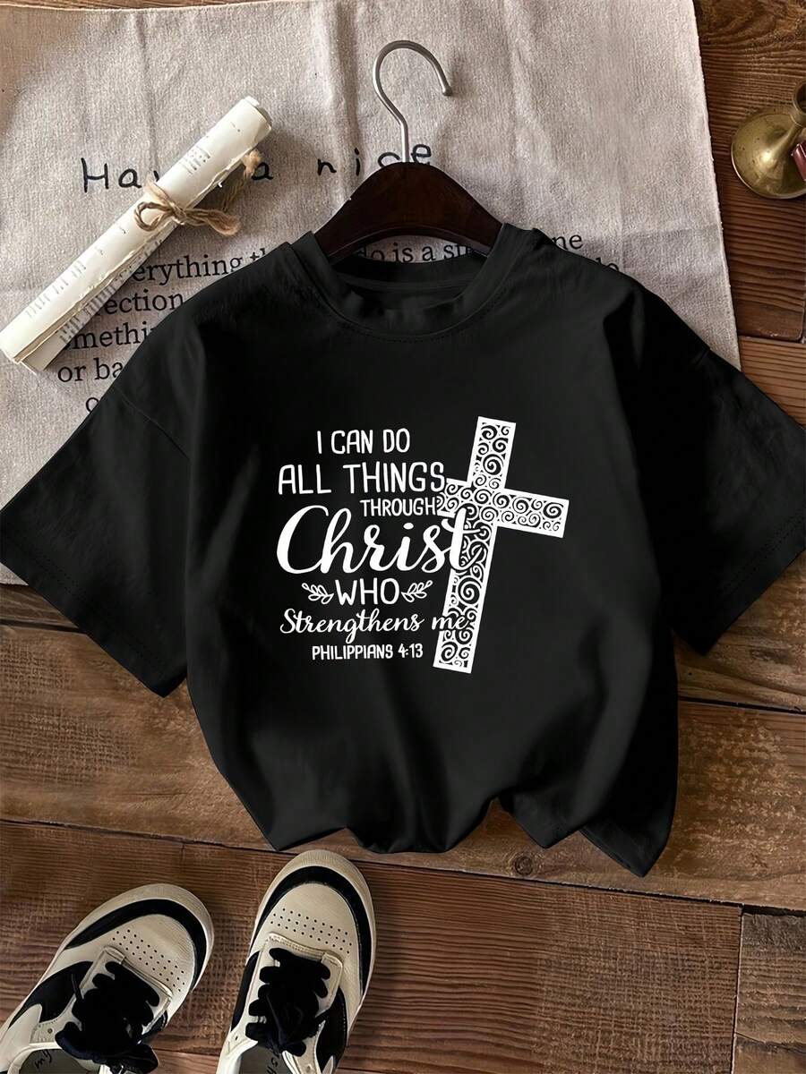 Women's Casual T-Shirt For Spring/Summer, Round Neck, Short Sleeve, White Cross And Bible Verse Print, Breathable And Machine Washable Fabric, Ideal For Year-Round Comfort - 黑色 - 查看 1