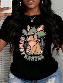 ropa de mujer Camiseta Casual de Algodón 100% con Estampado Divertido de Conejo de Pascua, Cactus y Huevo, Estilo Vaquero, Manga Corta, Cuello Redondo, para Mujer, Ideal para Regalo de Fiesta de Primavera o Vacaciones, camisas de mujer - Negro - Ver 1